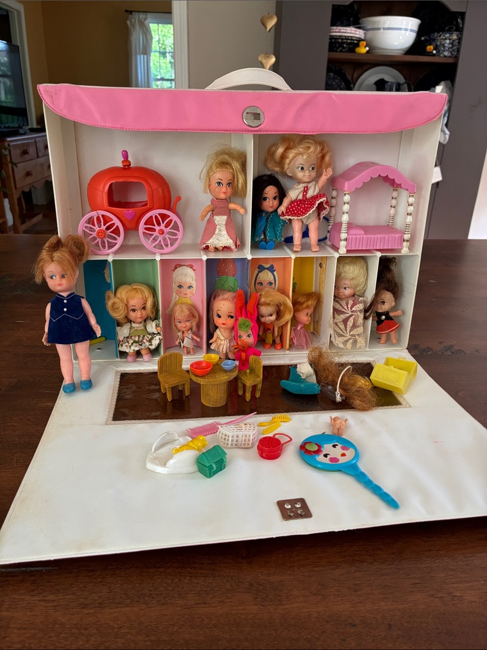 Vintage Mattel Kiddles Collector’s Case, Cinderella coach, dolls, accessories